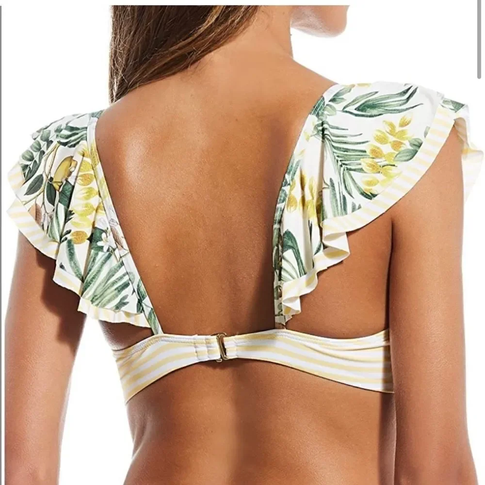 NWT New Gianni Bini Tropical Lemons Ruffled Bralette Bikini Swim Feminine L